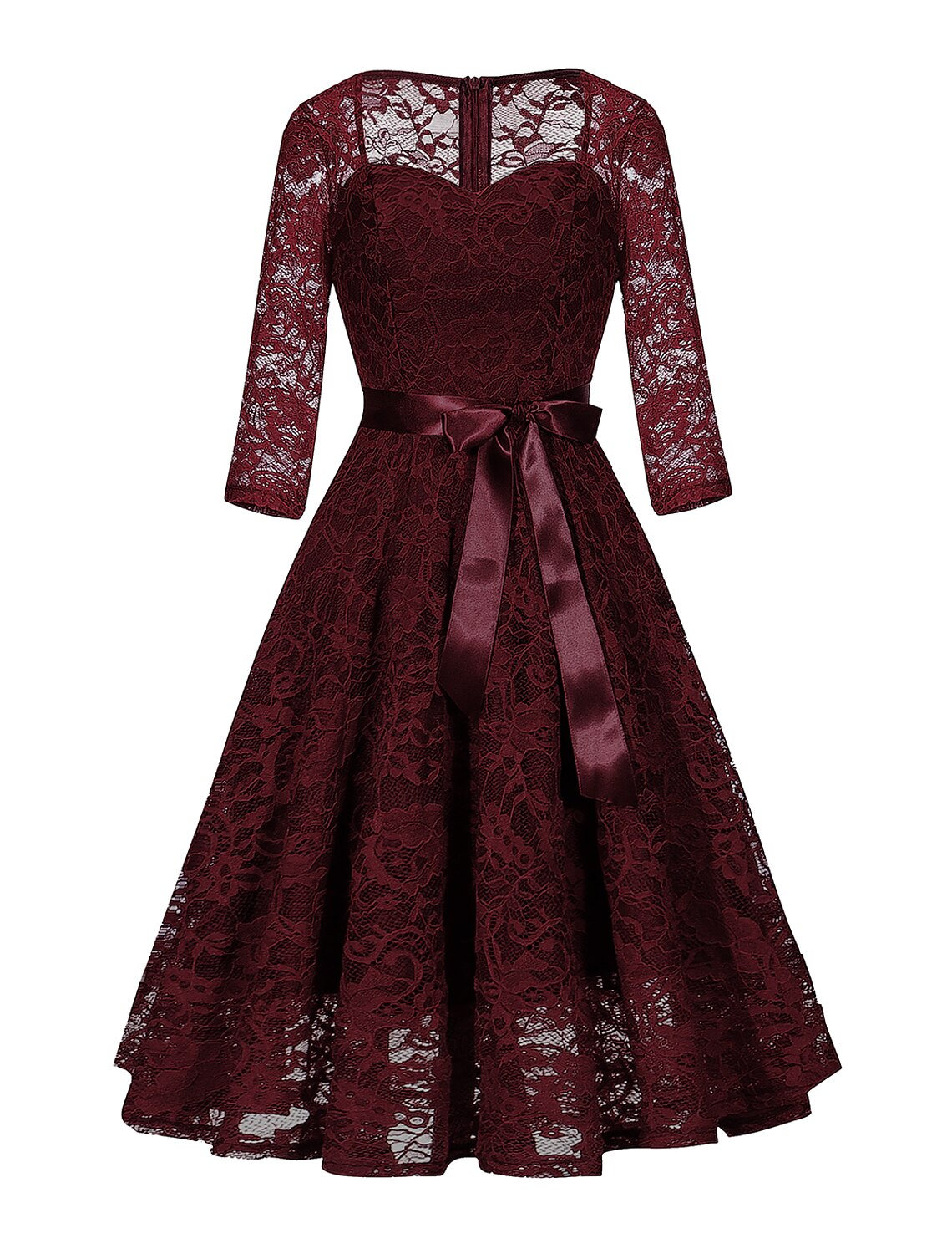 Wholesale A-Line Cocktail Dresses Vintage Dress Party Wear Wedding Guest Knee Length 3/4 Length Sleeve Square Neck Lace with Sleek Sash / Ribbon